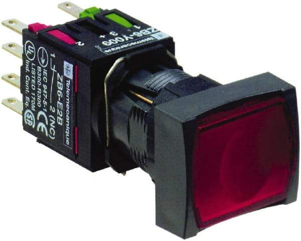Schneider Electric - 16mm Mount Hole, Flush, Pushbutton Switch with Contact Block - Rectangle, Red Pushbutton, Illuminated, Momentary (MO) - Exact Tool & Supply