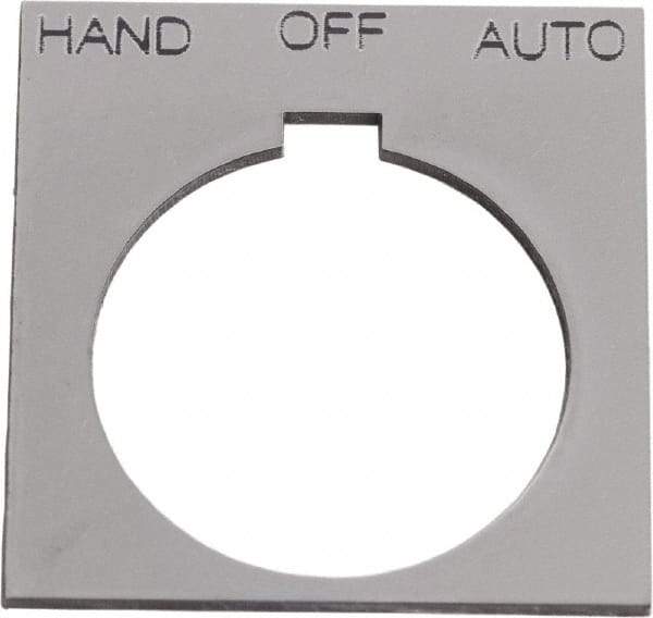 Schneider Electric - Square, Plastic Legend Plate - Hand-Off-Auto - Silver Background, Black Letters, 1.2 Inch Hole Diameter, 1-3/4 Inch Square - Exact Tool & Supply