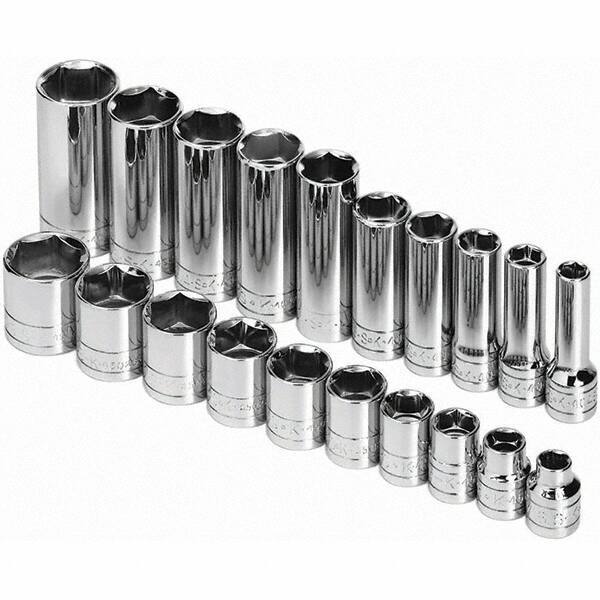 SK - 3/8" Drive Standard Deep Socket Set - 5/16 to 7/8", Inch Measurement Standard - Exact Tool & Supply