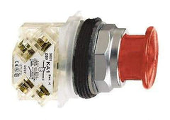 Schneider Electric - 30mm Mount Hole, Extended Mushroom Head, Pushbutton Switch with Contact Block - Round, Red Pushbutton, Momentary (MO) - Exact Tool & Supply