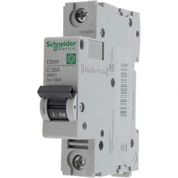 Schneider Electric - 20 Amp, 440 VAC, 1 Pole, DIN Rail Mounted Miniature Circuit Breaker - Magnetic Trip, Multiple Breaking Capacity Ratings, 18-4 AWG, 76mm Deep x 81mm High x 18mm Wide - Exact Tool & Supply