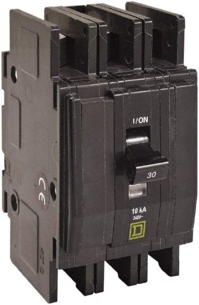 Square D - 10 Amp, 240 VAC, 3 Pole, DIN Rail Mounted, Flush Mount, Surface Mount Miniature Circuit Breaker - Thermal Magnetic Trip, 10 kA at 120/240 VAC Breaking Capacity, 14-2 (Aluminum), 14-2 (Copper) AWG, 74mm Deep x 103mm High x 19mm Wide - Exact Tool & Supply