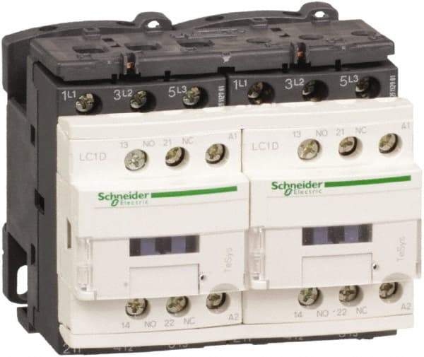 Schneider Electric - 3 Pole, 240 Coil VAC at 50/60 Hz, 9 Amp at 440 VAC, Reversible IEC Contactor - 1 Phase hp: 0.5 at 115 VAC, 1 at 230/240 VAC, 3 Phase hp: 2 at 200/208 VAC, 2 at 230/240 VAC, 5 at 460/480 VAC, 7.5 at 575/600 VAC - Exact Tool & Supply