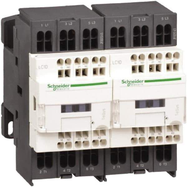 Schneider Electric - 3 Pole, 24 Coil VDC, 12 Amp at 440 VAC, Reversible IEC Contactor - 1 Phase hp: 1 at 115 VAC, 2 at 230/240 VAC, 3 Phase hp: 10 at 575/600 VAC, 3 at 200/208 VAC, 3 at 230/240 VAC, 7.5 at 460/480 VAC - Exact Tool & Supply