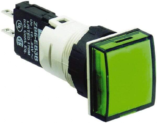 Schneider Electric - 12-24 VAC/VDC Green Lens LED Pilot Light - Square Lens, Quick Connect Connector, 18mm Wide, Vibration Resistant - Exact Tool & Supply