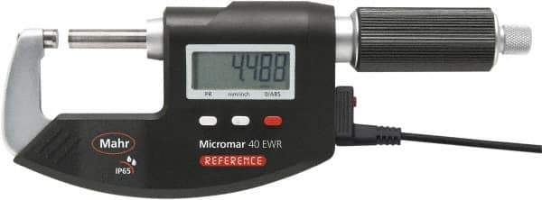 Mahr - 1 to 2" Range, 0.00005" Resolution, Standard Throat IP65 Electronic Outside Micrometer - Ratchet Stop Thimble, Carbide-Tipped Face, CR2032 Battery - Exact Tool & Supply