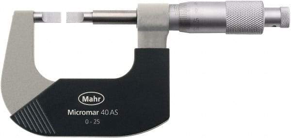Mahr - 0" to 1" Mechanical Satin Chrome Coated Blade Micrometer - 0.0001" Graduation, 0.031" Blade Thickness, Ratchet Thimble, Rotating Spindle - Exact Tool & Supply