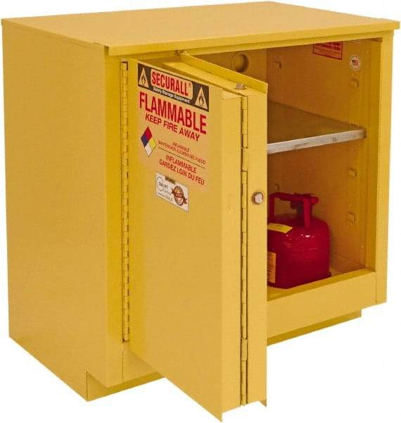 Securall Cabinets - 2 Door, 1 Shelf, Yellow Steel Under the Counter Safety Cabinet for Flammable and Combustible Liquids - 35-5/8" High x 35" Wide x 22" Deep, Sliding Door, 3 Point Key Lock, 24 Gal Capacity - Exact Tool & Supply