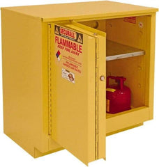 Securall Cabinets - 2 Door, 1 Shelf, Yellow Steel Under the Counter Safety Cabinet for Flammable and Combustible Liquids - 35-5/8" High x 35" Wide x 22" Deep, Sliding Door, 3 Point Key Lock, 24 Gal Capacity - Exact Tool & Supply