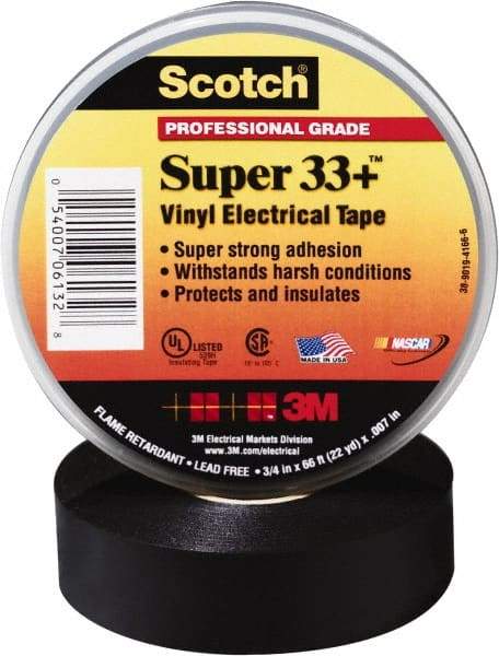 3M - 3/4" x 52', Black Vinyl Electrical Tape - Series 33+, 7 mil Thick, 1,150 V/mil Dielectric Strength, 15 Lb./Inch Tensile Strength - Exact Tool & Supply
