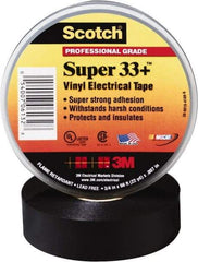 3M - 3/4" x 52', Black Vinyl Electrical Tape - Series 33+, 7 mil Thick, 1,150 V/mil Dielectric Strength, 15 Lb./Inch Tensile Strength - Exact Tool & Supply