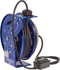 CoxReels - 12 AWG, 50' Cable Length, Cord & Cable Reel with Duplex GFCI Outlet Box End - 2 Outlets, NEMA 5-15R, 13 Amps, 115 Volts, SJO Cable, Blue Reel, Spring Driven Reel - Exact Tool & Supply