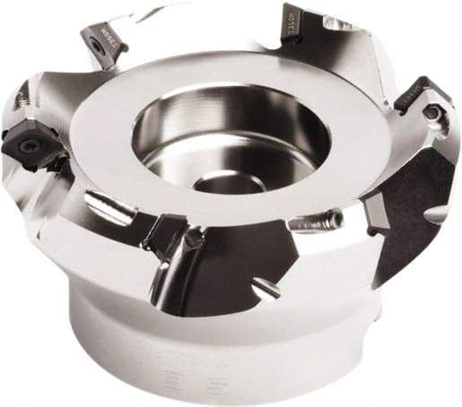 Seco - 42mm Cut Diam, 15mm Arbor Hole, 4.5mm Max Depth of Cut, 45° Indexable Chamfer & Angle Face Mill - 4 Inserts, SE.. 09T3 Insert, Right Hand Cut, 4 Flutes, Through Coolant, Series QuattroMill - Exact Tool & Supply