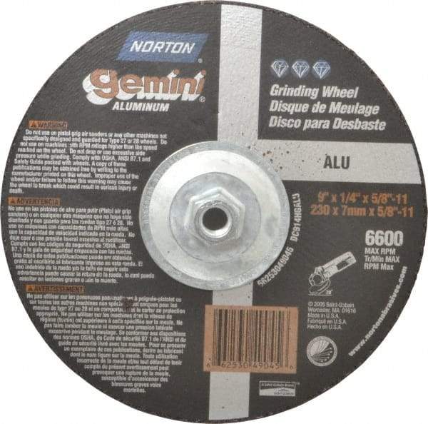 Norton - 24 Grit, 9" Wheel Diam, 1/4" Wheel Thickness, Type 27 Depressed Center Wheel - Aluminum Oxide, 6,600 Max RPM, Compatible with Angle Grinder - Exact Tool & Supply
