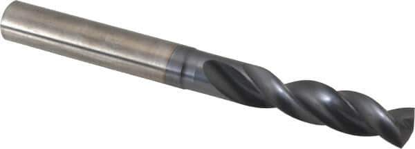 SGS - 19/64" 145° Spiral Flute Solid Carbide Screw Machine Drill Bit - TiN Finish, Right Hand Cut, 1-9/16" Flute Length, 3-1/8" OAL, Standard Point, Straight Shank - Exact Tool & Supply