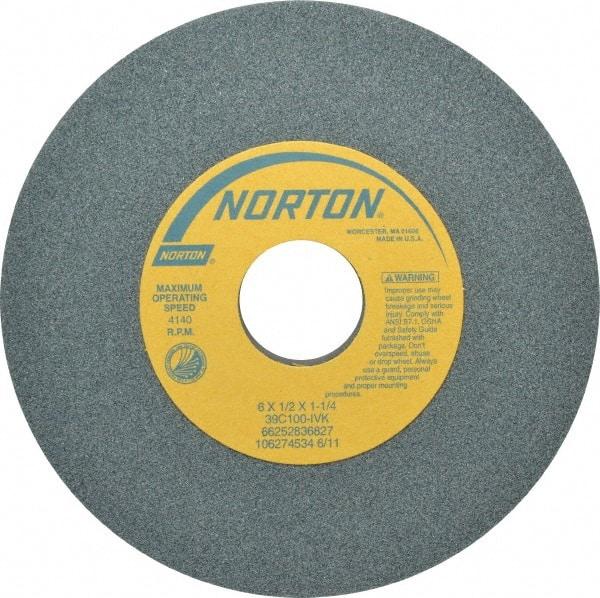 Norton - 6" Diam x 1-1/4" Hole x 1/2" Thick, I Hardness, 100 Grit Surface Grinding Wheel - Silicon Carbide, Type 1, Fine Grade, 4,140 Max RPM, Vitrified Bond, No Recess - Exact Tool & Supply