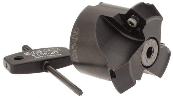 Seco - 2.05" Cut Diam, 3/4" Arbor Hole, 0.28" Max Depth of Cut, 45° Indexable Chamfer & Angle Face Mill - 3 Inserts, SPMX 12T3 Insert, Right Hand Cut, 3 Flutes, Series R220.69 - Exact Tool & Supply