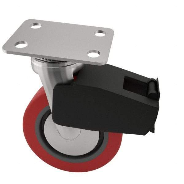 E.R. Wagner - 4" Diam x 2" Wide x 5-5/8" OAH Top Plate Mount Swivel Caster with Brake - Polyurethane, 600 Lb Capacity, Roller Bearing, 2-3/4 x 3-3/4" Plate - Exact Tool & Supply