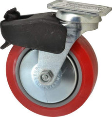 E.R. Wagner - 6" Diam x 2" Wide x 7-1/2" OAH Top Plate Mount Swivel Caster with Brake - Polyurethane, 700 Lb Capacity, Roller Bearing, 2-3/4 x 3-3/4" Plate - Exact Tool & Supply