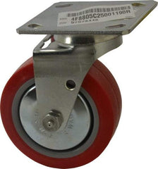 E.R. Wagner - 5" Diam x 2" Wide x 6-1/2" OAH Top Plate Mount Swivel Caster - Polyurethane, 650 Lb Capacity, Roller Bearing, 4 x 4-1/2" Plate - Exact Tool & Supply