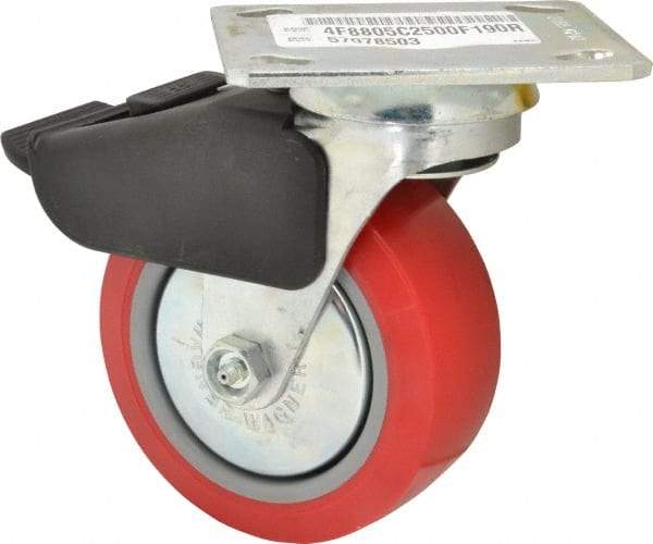 E.R. Wagner - 5" Diam x 2" Wide x 6-1/2" OAH Top Plate Mount Swivel Caster with Brake - Polyurethane, 650 Lb Capacity, Roller Bearing, 4 x 4-1/2" Plate - Exact Tool & Supply