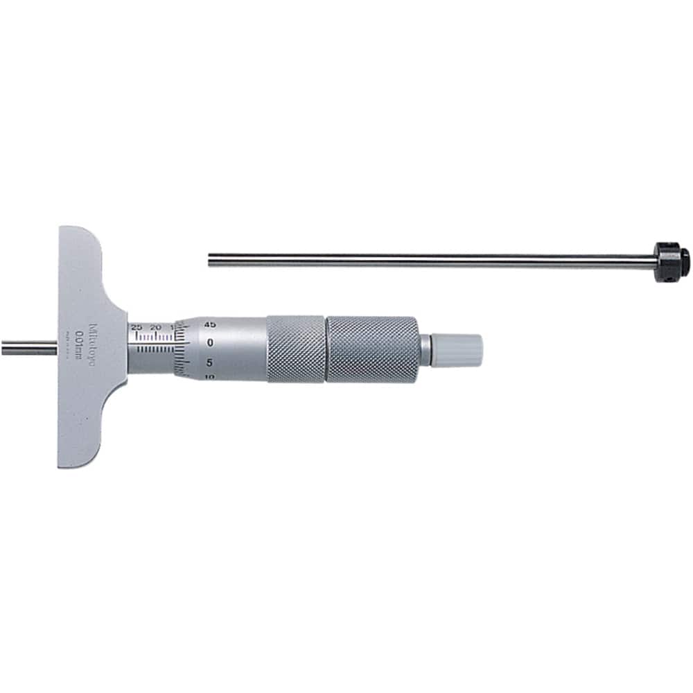 Mitutoyo - Mechanical Depth Micrometers; Minimum Measurement (mm): 0 ; Maximum Measurement (mm): 50 ; Base Length (Decimal Inch): 63.5000 ; Features: 4mm diameter measuring rod, ratchet stop for constant force, supplied in a fitted plastic case, can be a - Exact Tool & Supply