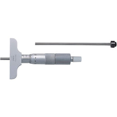 Mitutoyo - Mechanical Depth Micrometers; Minimum Measurement (mm): 0 ; Maximum Measurement (mm): 50 ; Base Length (Decimal Inch): 63.5000 ; Features: 4mm diameter measuring rod, ratchet stop for constant force, supplied in a fitted plastic case, can be a - Exact Tool & Supply