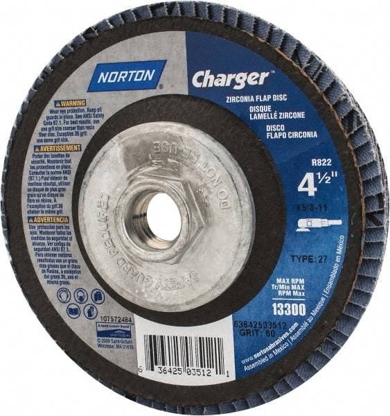 Norton - 60 Grit, 4-1/2" Disc Diam, 5/8-11 Center Hole, Type 27 Zirconia Alumina Flap Disc - 13,000 Max RPM, Fiberglass Backing, Arbor Attaching System, Coated - Exact Tool & Supply