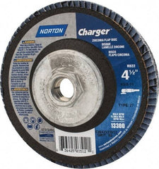 Norton - 60 Grit, 4-1/2" Disc Diam, 5/8-11 Center Hole, Type 27 Zirconia Alumina Flap Disc - 13,000 Max RPM, Fiberglass Backing, Arbor Attaching System, Coated - Exact Tool & Supply
