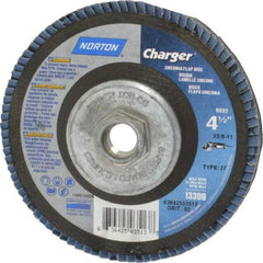 Norton - 80 Grit, 4-1/2" Disc Diam, 7/8" Center Hole, Type 27 Zirconia Alumina Flap Disc - 13,000 Max RPM, Fiberglass Backing, Arbor Attaching System, Coated - Exact Tool & Supply