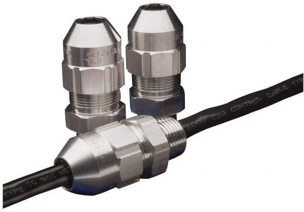 Thomas & Betts - 0.77 to 0.88" Cable Capacity, Class 1, Gas & Vapor Environments, Straight Strain Relief Cord Grip - 3/4 NPT Thread, Aluminum - Exact Tool & Supply