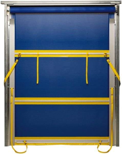 TMI, LLC - 8' Door Width x 8' Door Height PVC Mesh Bug Screen & Spring Loaded Manuel (Style) Roll Up Dock Screen - Blue/Yellow - Exact Tool & Supply