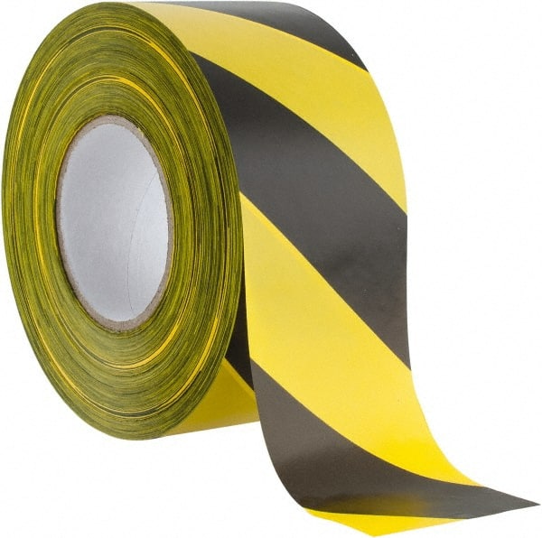 PRO-SAFE - 1000 Ft. Long x 3 Inch Wide Roll, Polyethylene, Black and Yellow, Barricade and Flagging Tape - Exact Tool & Supply