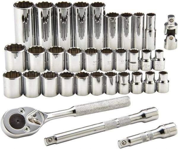 Proto - 34 Piece 3/8" Drive Standard Deep Socket Set - 12 Points, 7/8 to 7/8", 8 to 19mm, Inch/Metric Measurement Standard - Exact Tool & Supply