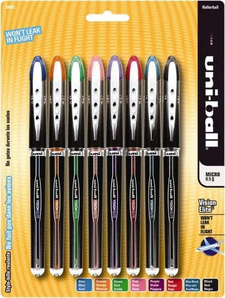 Uni-Ball - Roller Ball 0.8mm Stick Pen - Black, Blue, Black, Blue, Green, Orange, Pink, Purple & Red - Exact Tool & Supply