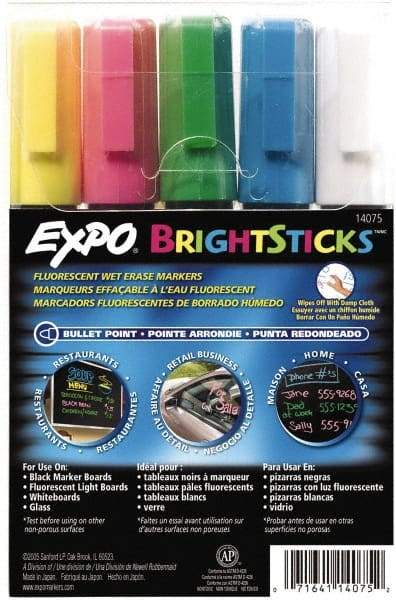 Expo - Blue, Green Pink, Yellow & White Bullet Point Wet Erase Markers - For Use with Black Marker Boards, Fluorescent Light Boards, Glass Boards & White Boards - Exact Tool & Supply