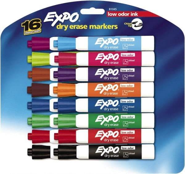 Expo - Assorted Colors, Low Odor Chisel Tip 16 Pack Dry Erase Markers - For Use with Dry Erase Marker Boards - Exact Tool & Supply