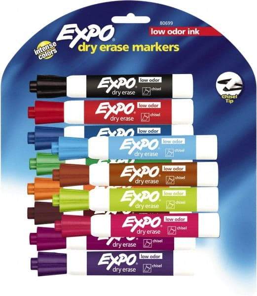 Expo - Aqua, Black, Blue, Brown, Green, Lime, Orange, Pink, Plum, Pumpkin, Purple & Red Low Odor Chisel Tip 12 Pack Dry Erase Markers - For Use with Dry Erase Marker Boards - Exact Tool & Supply