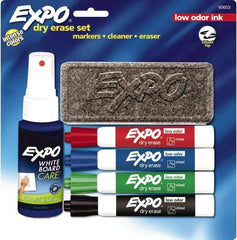 Expo - Red, Blue, Green & Black Low Odor 4 Pack Chisel Tip Dry Erase Markers - Includes Eraser & 3 oz Cleaning Fluid, For Use with Dry Erase Marker Boards - Exact Tool & Supply