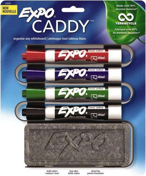 Expo - Red, Black, Blue & Green Low Odor Chisel Tip Markers 4 Pack Dry Erase Markers - Includes Eraser & Caddy Organizer, For Use with Dry Erase Marker Boards - Exact Tool & Supply
