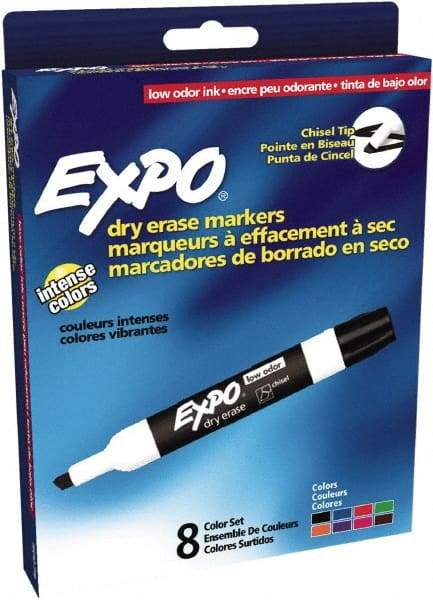 Expo - Black, Blue, Brown, Green, Orange, Pink, Purple & Red Low Odor Chisel Tip 8 Pack Dry Erase Markers - For Use with Dry Erase Marker Boards - Exact Tool & Supply