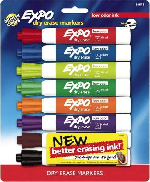 Expo - Black, Blue, Brown, Green, Orange, Pink, Purple & Red Low Odor Chisel Tip 8 Pack Dry Erase Markers - For Use with Dry Erase Marker Boards - Exact Tool & Supply