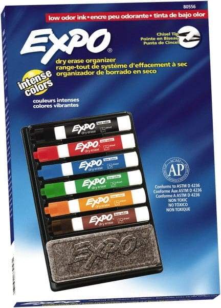 Expo - Black, Blue, Brown, Green, Orange, & Red Low Odor Chisel Tip Markers 6 Pack Dry Erase Markers - Includes Eraser & Organizer, For Use with Dry Erase Marker Boards - Exact Tool & Supply