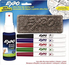 Expo - Black, Blue, Red, Green & Plum Low Odor Ultra Fine Tip 4 Pack Dry Erase Markers - Includes 2 oz Cleaning Fluid & Eraser, For Use with Dry Erase Marker Boards - Exact Tool & Supply