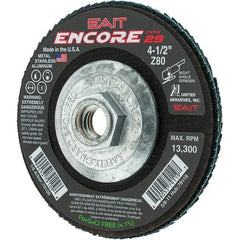 Sait - 80 Grit, 4-1/2" Disc Diam, 5/8-11 Center Hole, Type 29 Zirconia Alumina Flap Disc - 13,300 Max RPM, Fiberglass Backing, Arbor Attaching System, Coated - Exact Tool & Supply