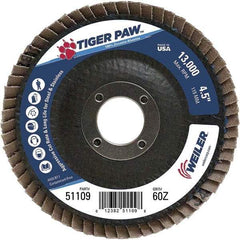 Weiler - 60 Grit, 4-1/2" Disc Diam, 7/8" Center Hole, Type 27 Zirconia Alumina Flap Disc - 13,000 Max RPM, Phenolic Backing, Arbor Attaching System, Coated - Exact Tool & Supply