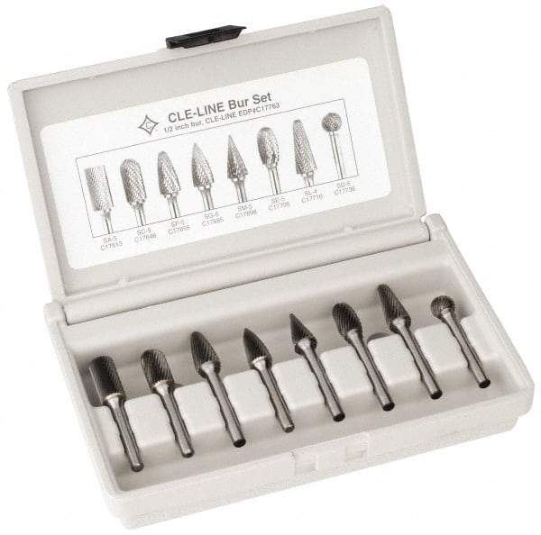 Cle-Line - 8 Piece, 1/4" Shank Burr Set - Solid Carbide, Multiple Head Shapes - Exact Tool & Supply