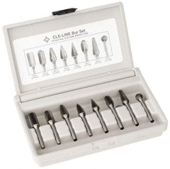 Cle-Line - 8 Piece, 1/4" Shank Burr Set - Solid Carbide, Multiple Head Shapes - Exact Tool & Supply