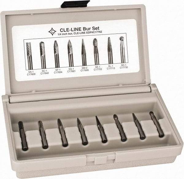 Cle-Line - 8 Piece, 1/4" Shank Burr Set - Solid Carbide, Multiple Head Shapes - Exact Tool & Supply