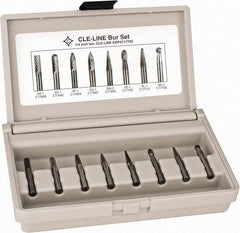 Cle-Line - 8 Piece, 1/4" Shank Burr Set - Solid Carbide, Multiple Head Shapes - Exact Tool & Supply